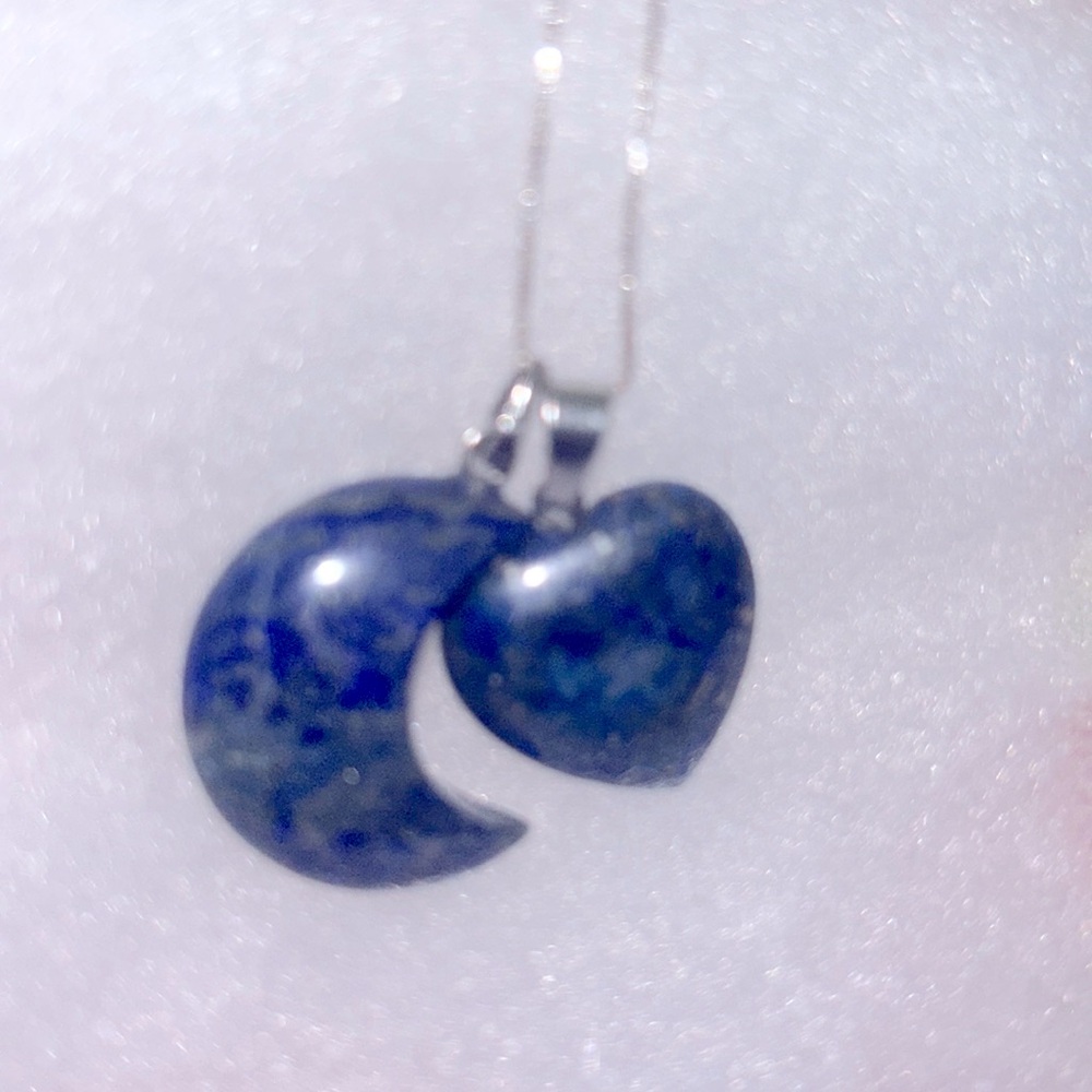Boho hippie Blue Lapis Lazuli Moon 🌙 and Heart ❤️ Sterling Silver Necklace